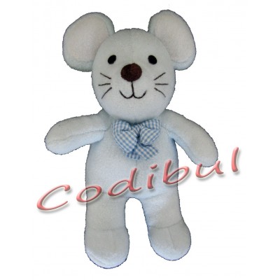 doudou peluche LUMINOU Souris bleu noeud vichy