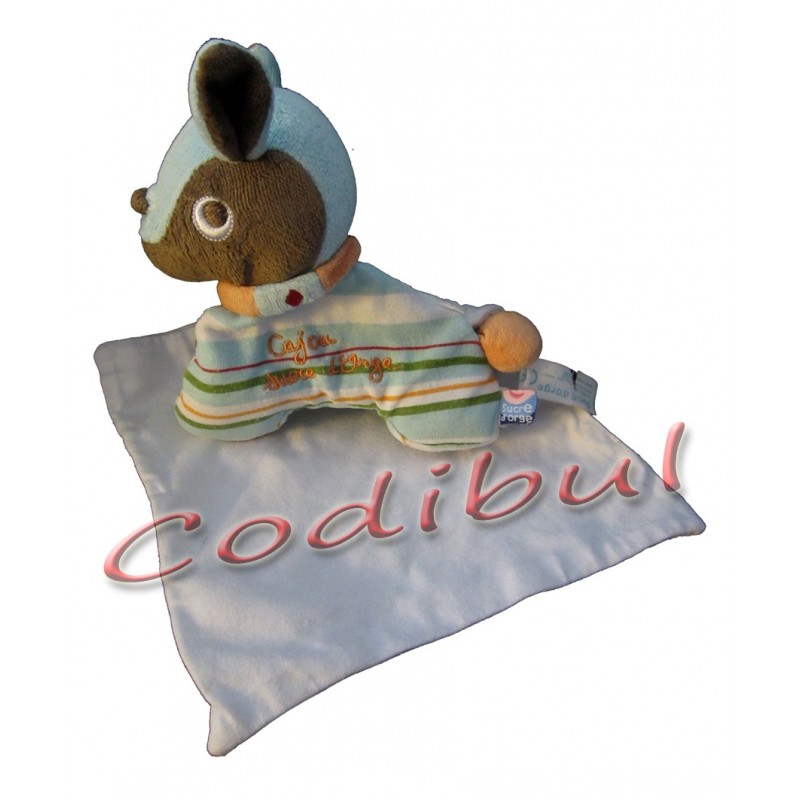 SUCRE D'ORGE Doudou chien bleu mouchoir Cajou