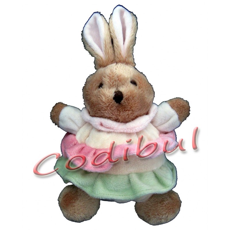 BABY NAT'doudou lapin marron volants rose et vert