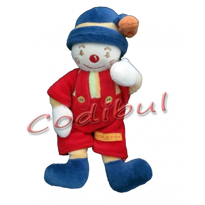 SUCRE D'ORGE Doudou Clown salopette rouge chapeau bleu fleur