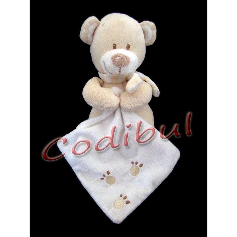 POMMETTE Doudou ours beige avec mouchoir empreintes