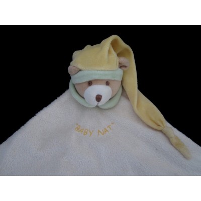 BABY NAT' Grand Doudou plat ours blanc écru vert jaune