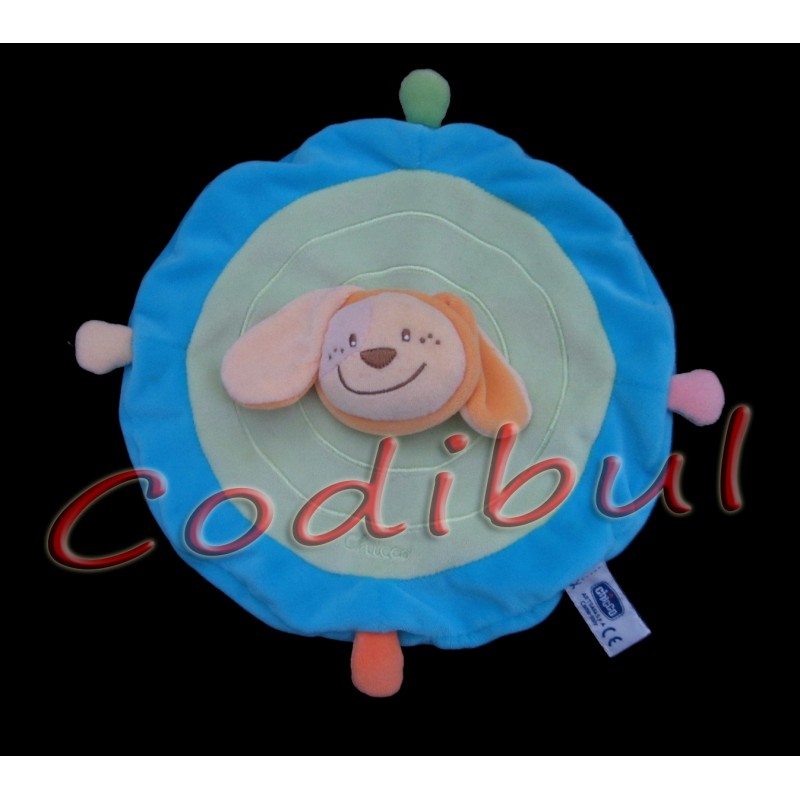 CHICCO doudou plat rond chien bleu vert