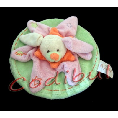 BABY NAT' Doudou plat rond étoile lapin vert rose orange