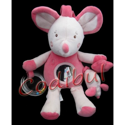 SUCRE D'ORGE Doudou souris rose hochet miroir