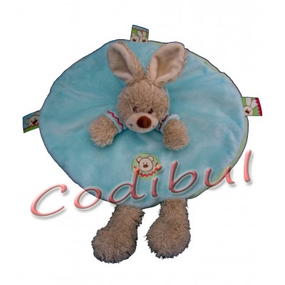 NICOTOY Doudou plat rond lapin bleu vert capuche