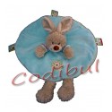 NICOTOY Doudou plat rond lapin bleu vert capuche