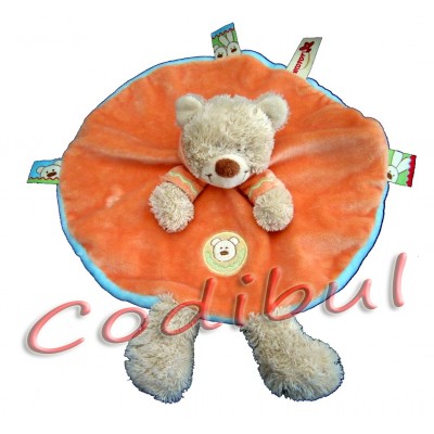 NICOTOY Doudou plat ours sweat capuche orange bleu