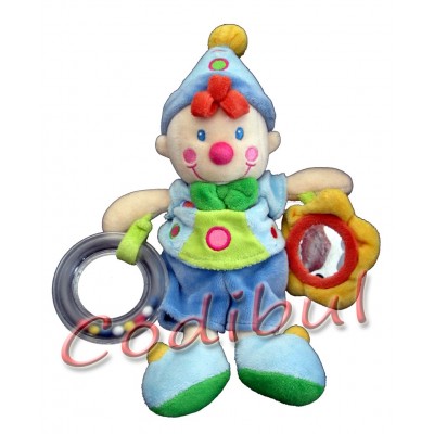 NICOTOY Doudou clown bleu avec hochet et miroir