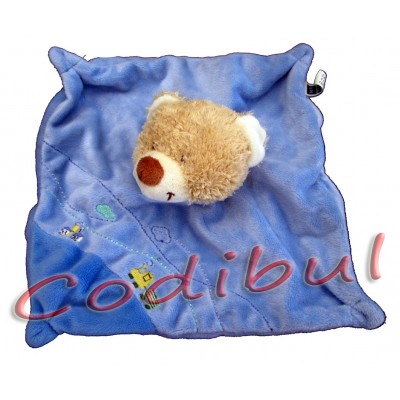 TEX BABY Doudou plat carré ours bleu train