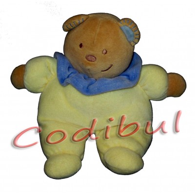 TEX Doudou ours jaune colerette bleu hochet