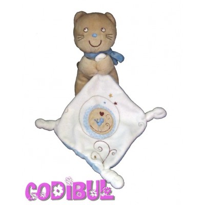 POMMETTE Doudou chat avec mouchoir oiseau brodé