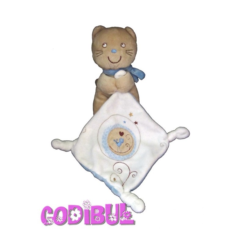 POMMETTE Doudou chat avec mouchoir oiseau brodé