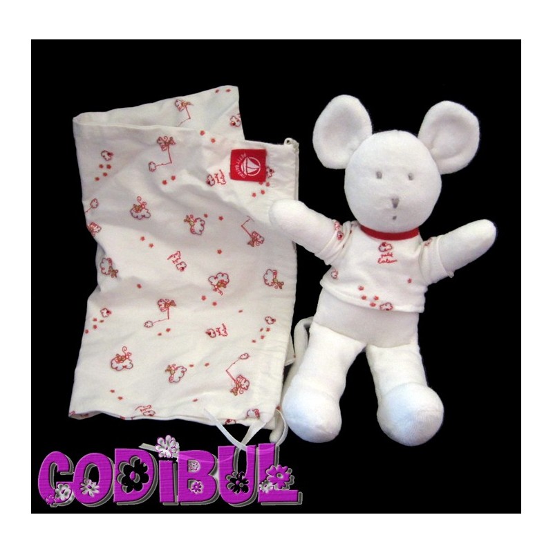 PETIT BATEAU Doudou souris blanche nuage + sac