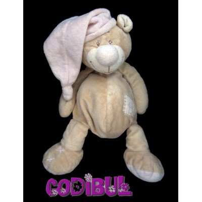 DOUKIDOU Doudou ours beige bonnet rose coeur 