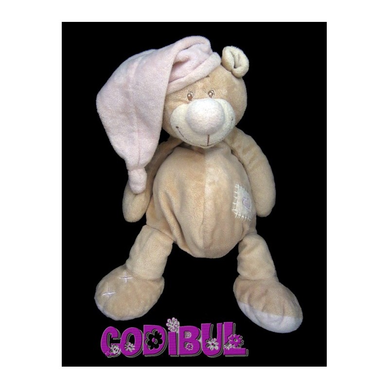 DOUKIDOU Doudou ours beige bonnet rose coeur 