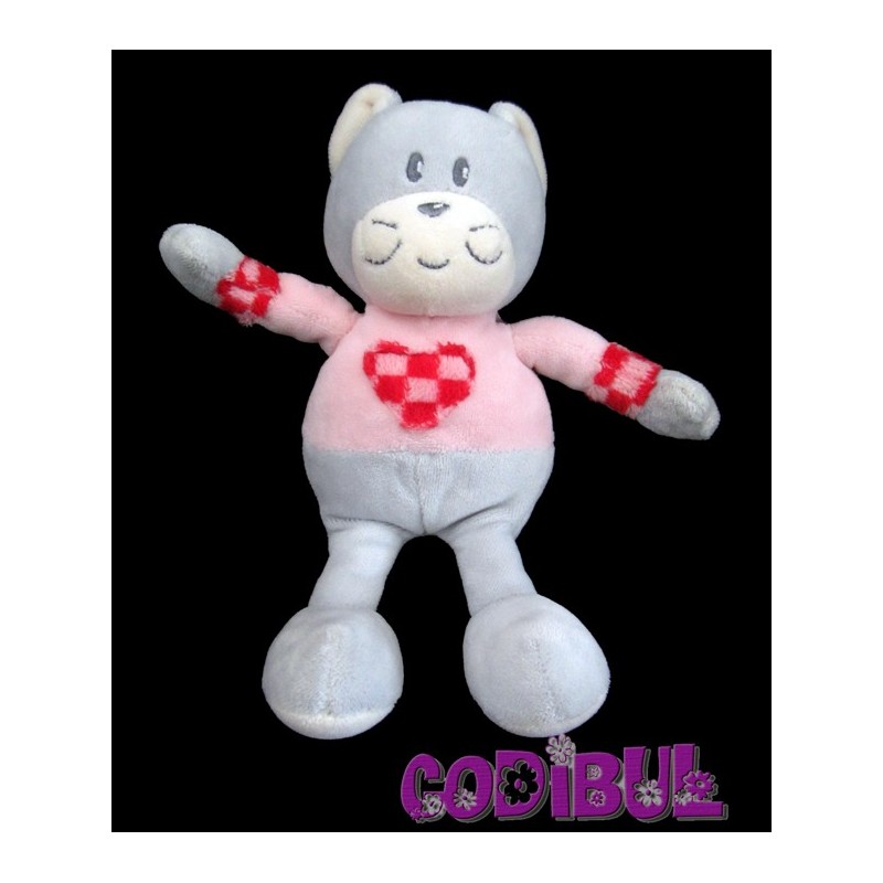 AJENA Doudou chat gris rose coeur hochet