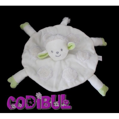 KIMBALOO LA HALLE doudou plat rond mouton brioche blanc et vert nuages