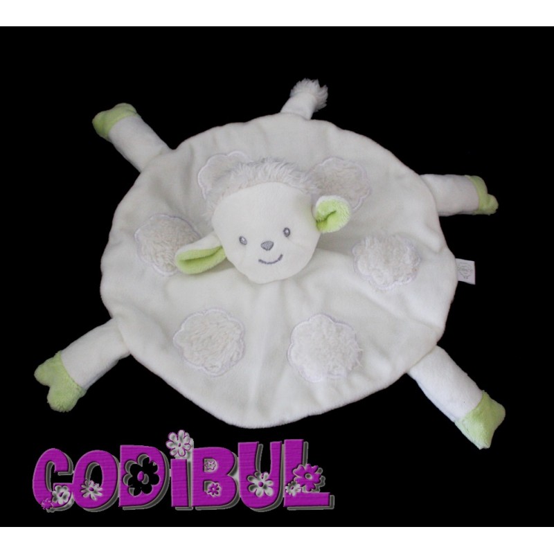 KIMBALOO LA HALLE doudou plat rond mouton brioche blanc et vert nuages