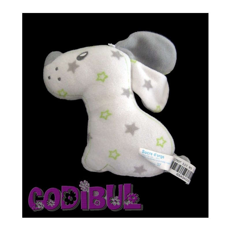 SUCRE D'ORGE Doudou chien blanc gris étoiles