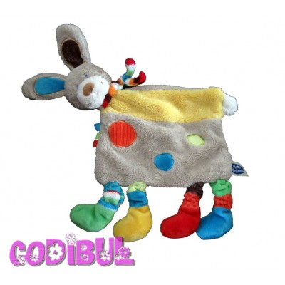 MOTS D'ENFANTS Doudou plat lapin gris beige jaune pattes multicolores