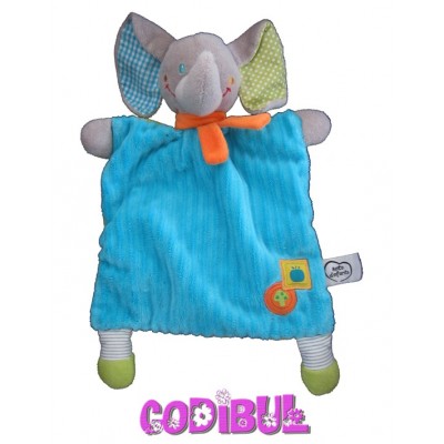 MOTS D'ENFANTS Doudou plat éléphant bleu écharpe orange