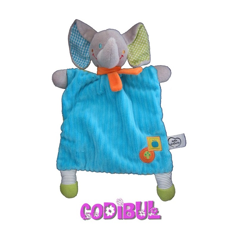 MOTS D'ENFANTS Doudou plat éléphant bleu écharpe orange