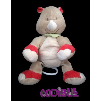 BENGY Doudou musical rhinocéros beige rouge