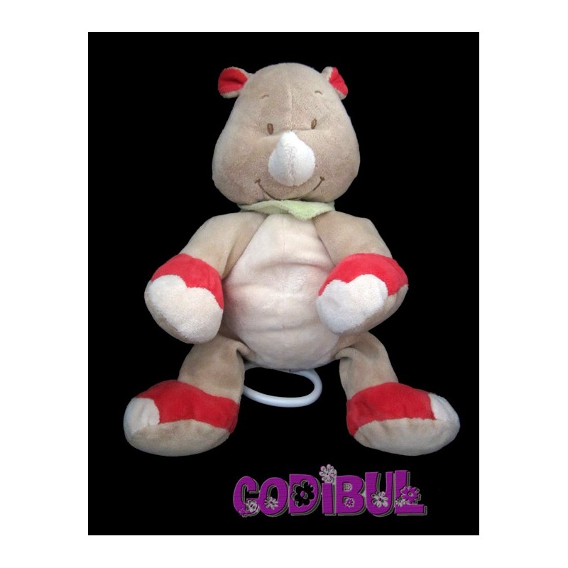 BENGY Doudou musical rhinocéros beige rouge