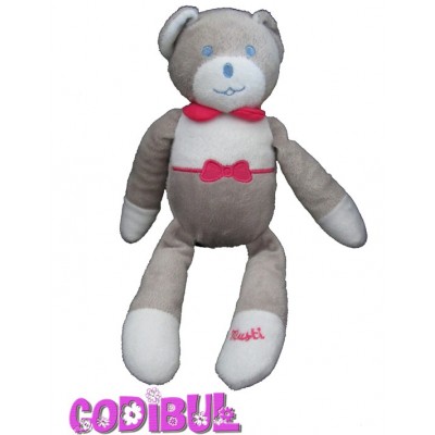 MUSTI Doudou ours gris blanc noeud rose de Mustela