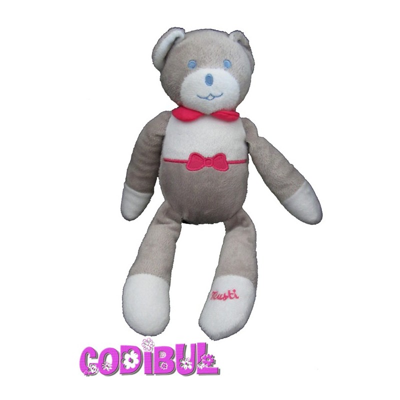 MUSTI Doudou ours gris blanc noeud rose de Mustela