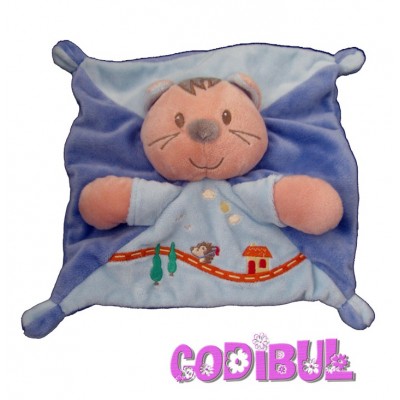 INFLUX doudou plat chat bleu hérisson brodé