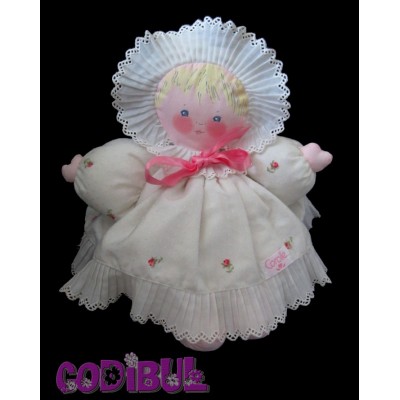 COROLLE Doudou poupée chiffon robe blanche noeud rose fleurs