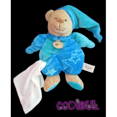 BABY NAT' Doudou ours bleu étoiles et son mouchoir