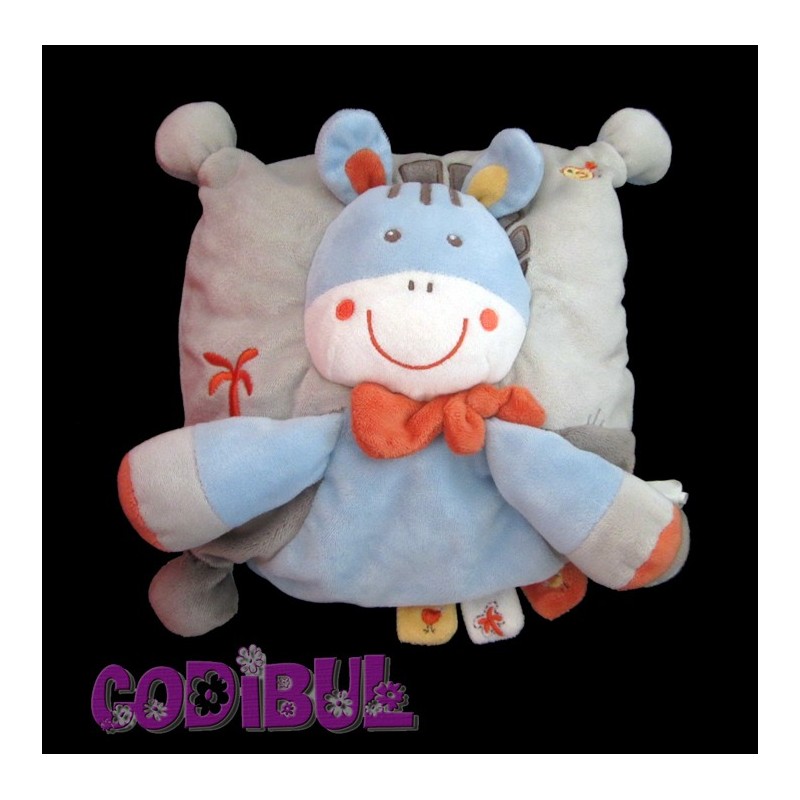 NICOTOY doudou coussin ane zebre gris bleu oiseau