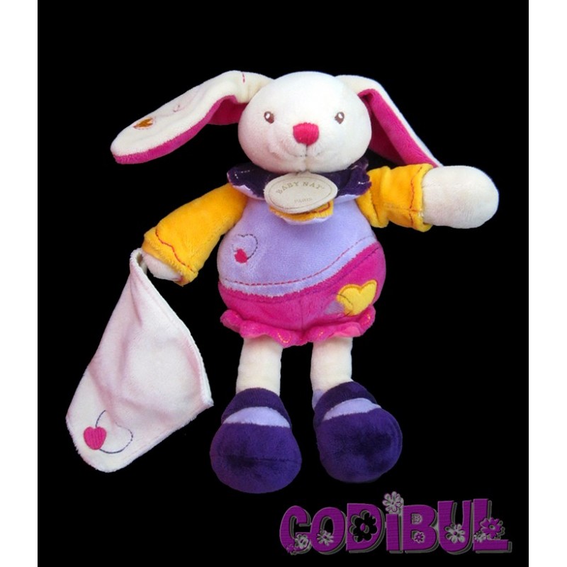 Baby'Nat - Les Lumilunes - Doudou mouchoir lapin rose violet cœur