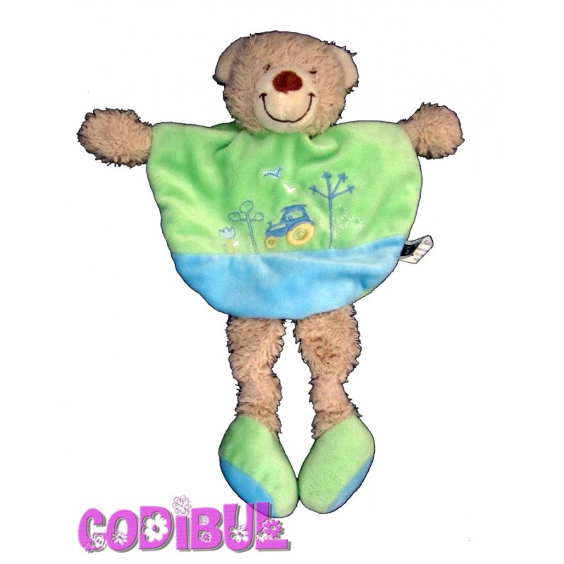 TEX BABY Doudou plat ours bleu vert tracteur