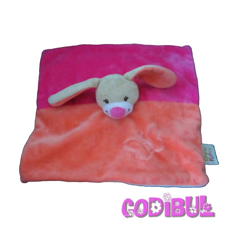 DOUKIDOU doudou plat lapin chien fushia orange papillon brodé