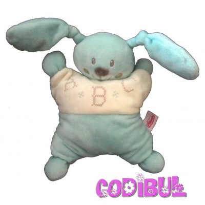 POMMETTE Doudou semi plat lapin bleu blanc ABC