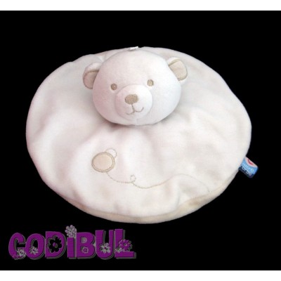 SUCRE D'ORGE Doudou plat ours blanc beige rond