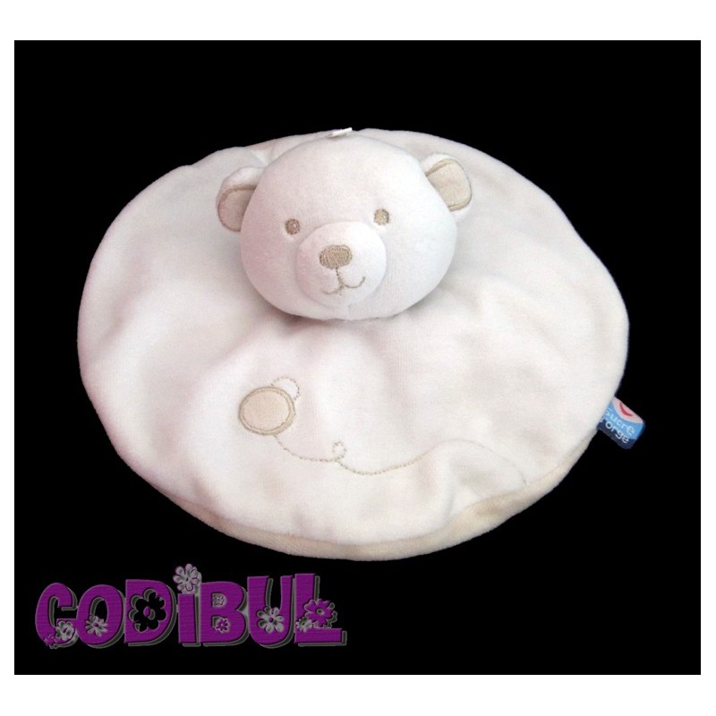 SUCRE D'ORGE Doudou plat ours blanc beige rond