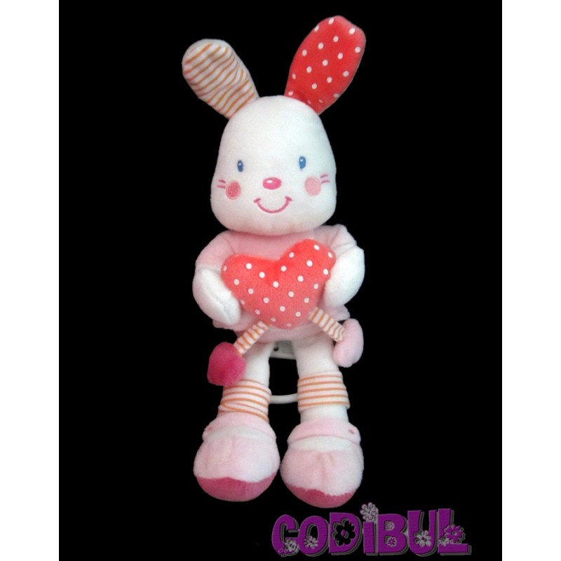 KIABI doudou lapin musical robe rose coeur pois