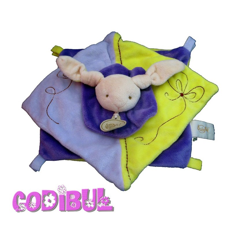 BABY NAT' doudou plat Lapin mauve et jaune