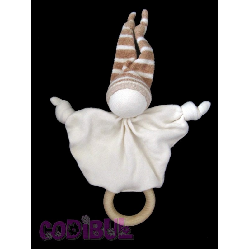 KEPTIN-JR Doudou bio lutin beige bonnet rayé marron anneau bois