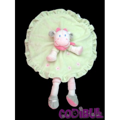 NICOTOY Doudou plat vache vert rose fleurs