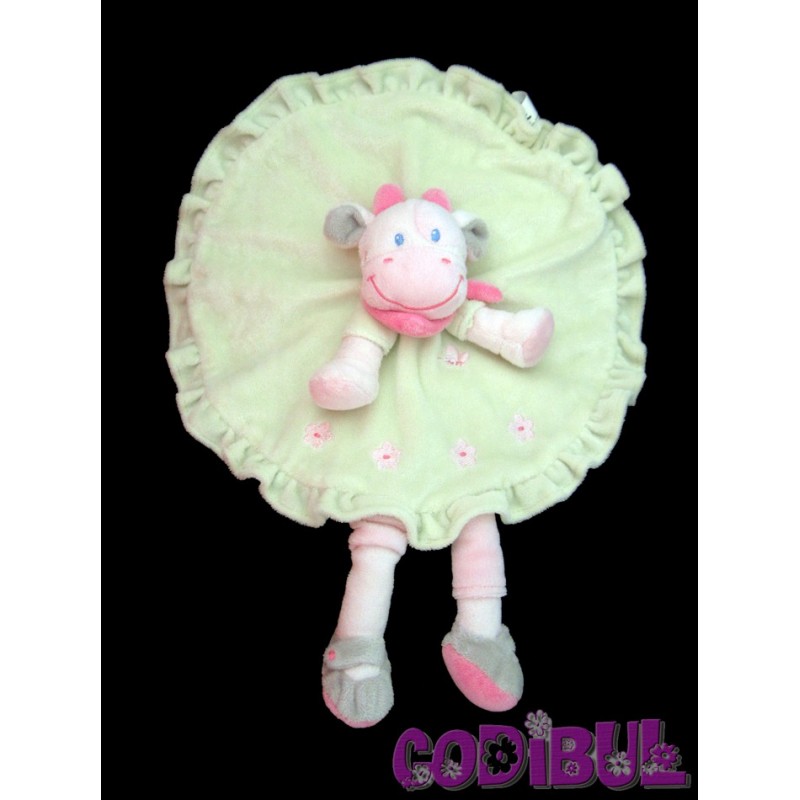 NICOTOY Doudou plat vache vert rose fleurs