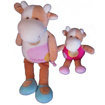 DOUDOU ET COMPAGNIE - Vache rose beige blanche - Cerise - Et son bebe 30 cm  hcez vous des demain