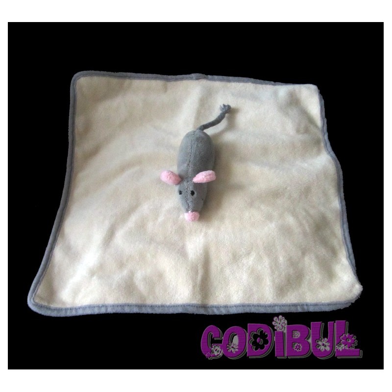 BEBISOL Doudou souris grise sur carré beige arthur et lola