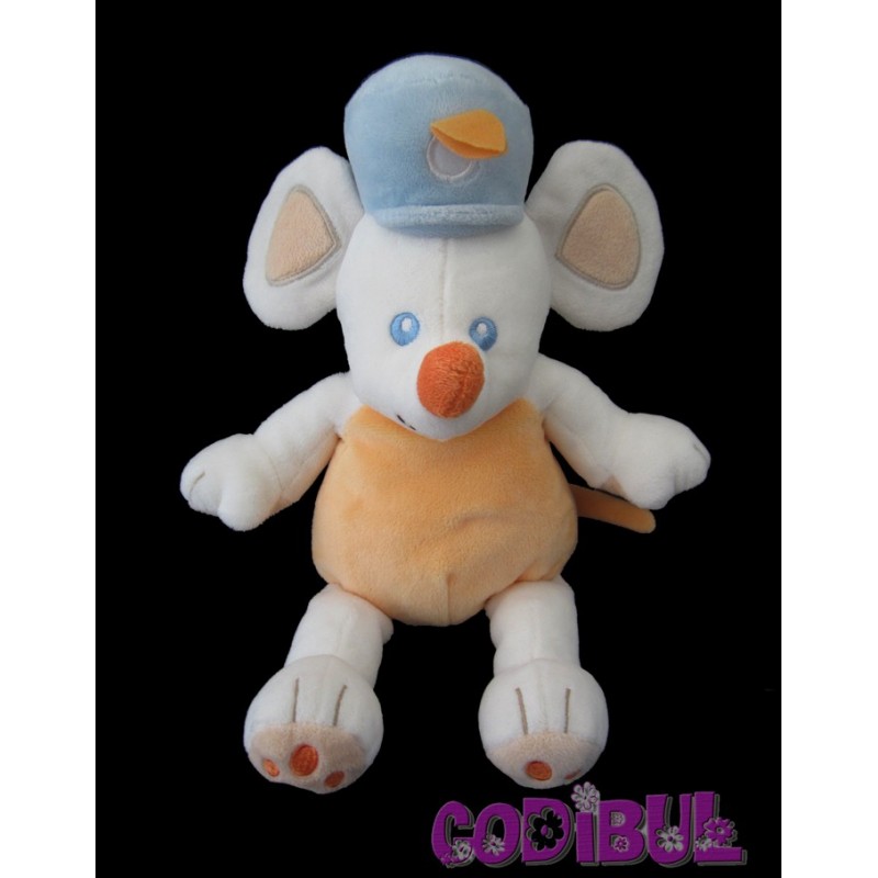 KIMBALOO doudou souris blanche orange chapeau bleu KMB