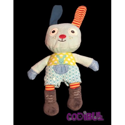 POMMETTE Doudou semi plat lapin bleu vert pois